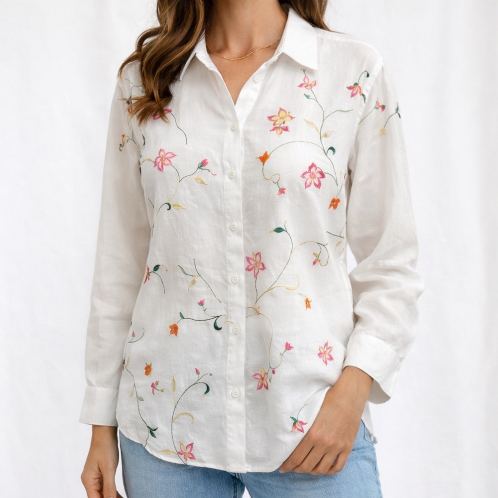 Allison Taylor Vintage Linen Embroidered Floral Button Front Blouse XL